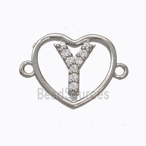 Copper Heart Connector Pave Zirconia Letter-Y Platinum Plated