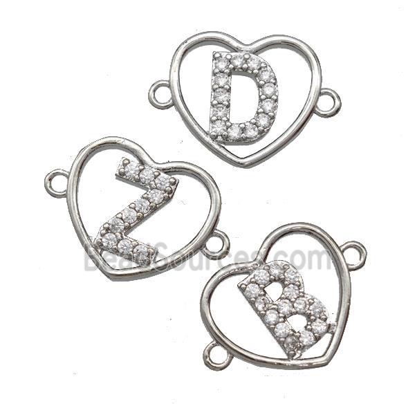 Copper Heart Alphabet Connector Pave Zirconia Mix Letters Platinum Plated