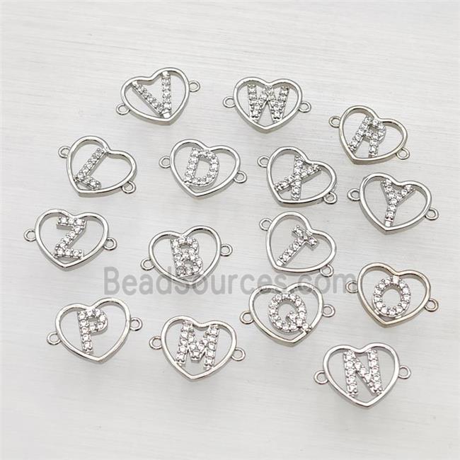 Copper Heart Alphabet Connector Pave Zirconia Mix Letters Platinum Plated