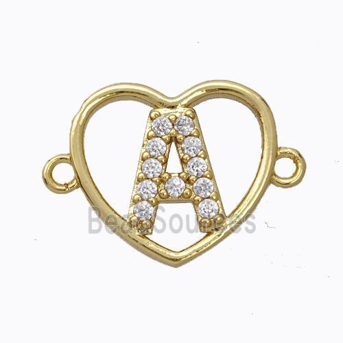 Copper Heart Connector Pave Zirconia Letter-A Gold Plated