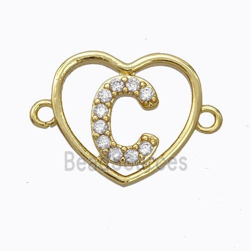 Copper Heart Connector Pave Zirconia Letter-C Gold Plated