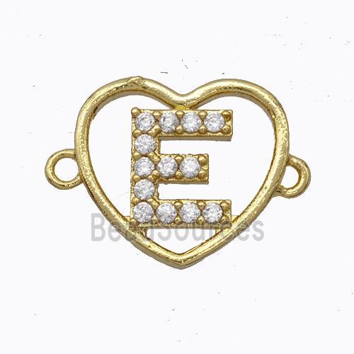 Copper Heart Connector Pave Zirconia Letter-E Gold Plated