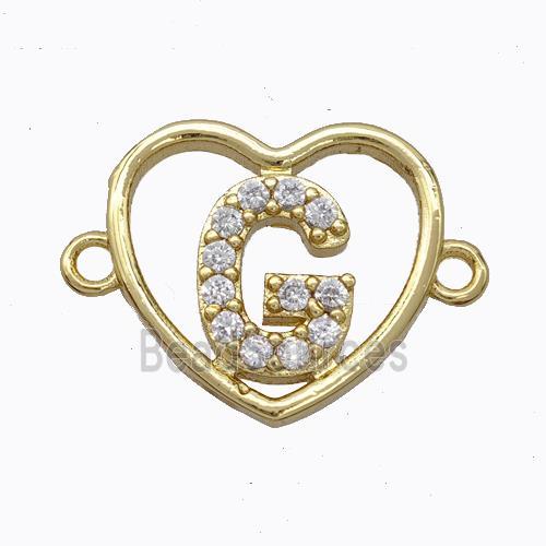 Copper Heart Connector Pave Zirconia Letter-G Gold Plated