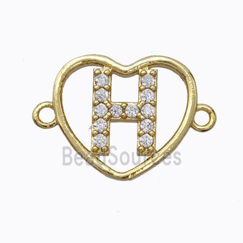 Copper Heart Connector Pave Zirconia Letter-H Gold Plated