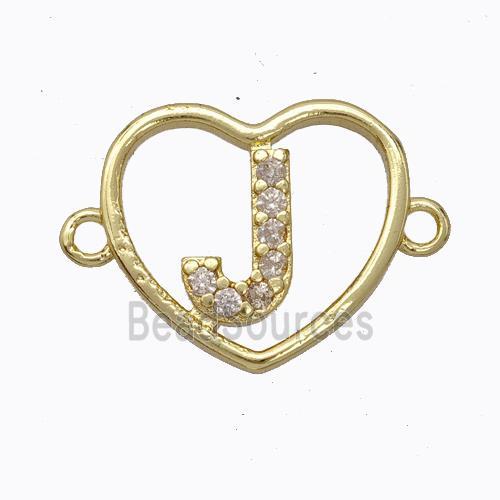 Copper Heart Connector Pave Zirconia Letter-J Gold Plated