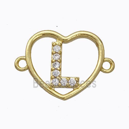 Copper Heart Connector Pave Zirconia Letter-L Gold Plated