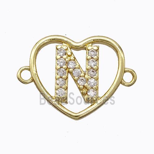 Copper Heart Connector Pave Zirconia Letter-N Gold Plated