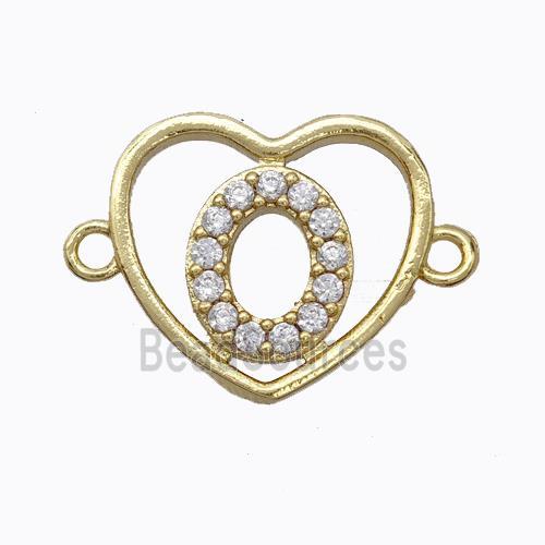 Copper Heart Connector Pave Zirconia Letter-O Gold Plated