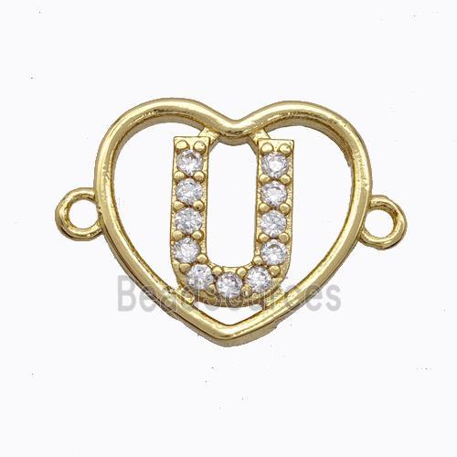 Copper Heart Connector Pave Zirconia Letter-U Gold Plated