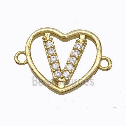 Copper Heart Connector Pave Zirconia Letter-V Gold Plated