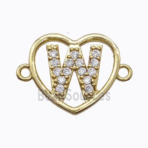 Copper Heart Connector Pave Zirconia Letter-W Gold Plated