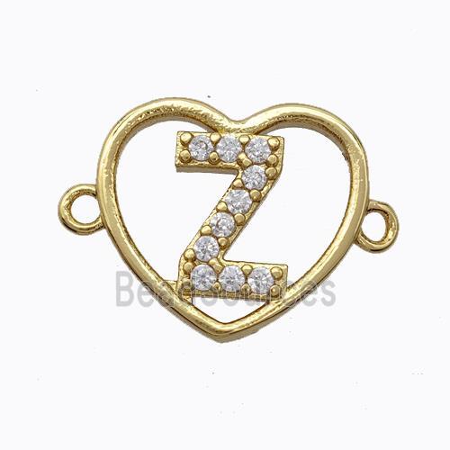 Copper Heart Connector Pave Zirconia Letter-Z Gold Plated