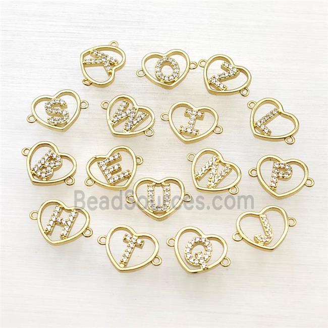 Copper Heart Alphabet Connector Pave Zirconia Mix Letters Gold Plated