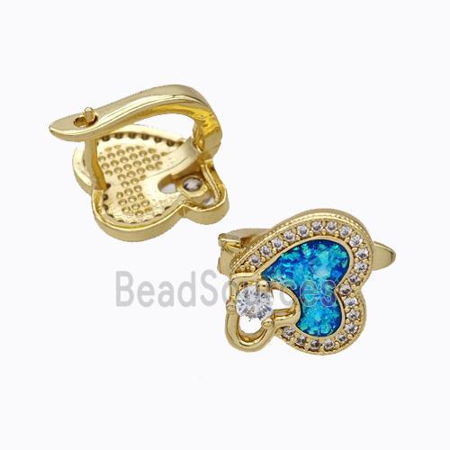 Copper Heart Latchback Earrings Pave Zirconia Blue Fire Opal 18K Gold Plated