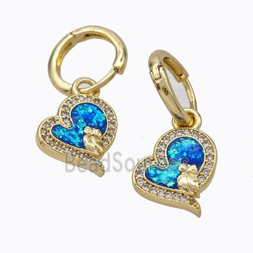 Copper Heart Hoop Earrings Pave Zirconia Blue Fire Opal 18K Gold Plated