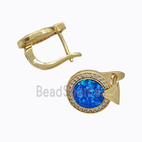 Copper Circle Latchback Earrings Pave Zirconia Blue Fire Opal 18K Gold Plated