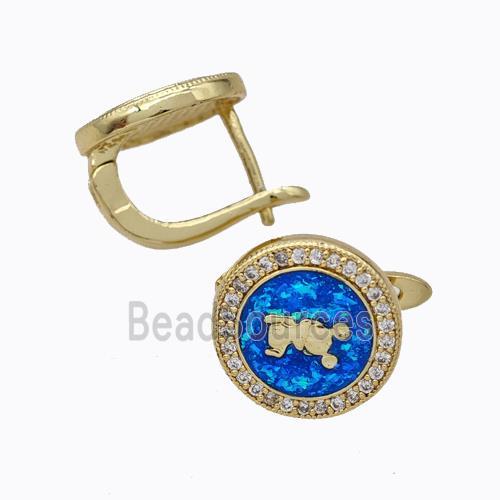 Copper Circle Latchback Earrings Pave Zirconia Blue Fire Opal 18K Gold Plated