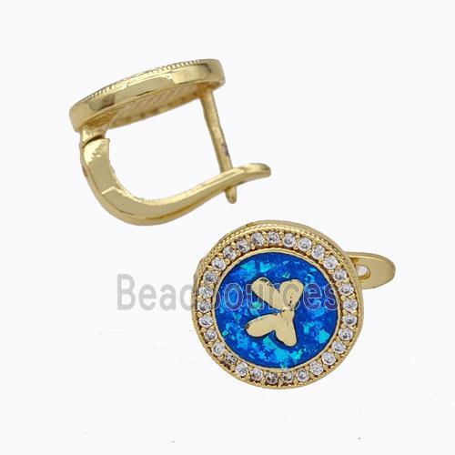 Copper Circle Latchback Earrings Pave Zirconia Blue Fire Opal Bow 18K Gold Plated