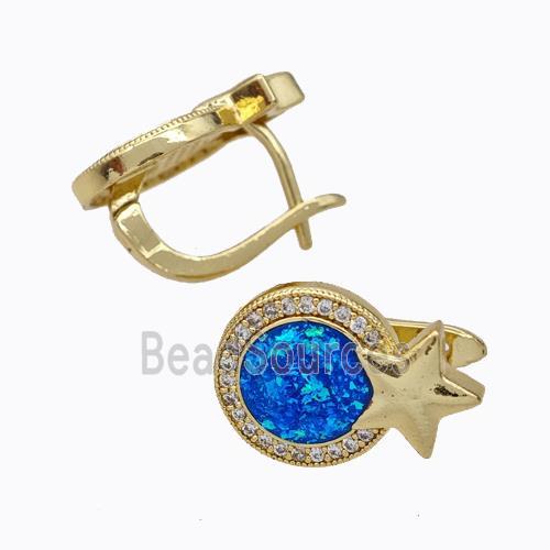 Copper Circle Latchback Earrings Pave Zirconia Blue Fire Opal Star 18K Gold Plated