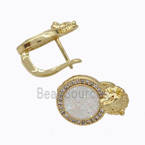 Copper Circle Latchback Earrings Pave Zirconia White Fire Opal Lion 18K Gold Plated