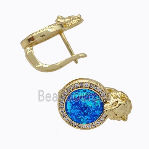 Copper Circle Latchback Earrings Pave Zirconia Blue Fire Opal Lion 18K Gold Plated