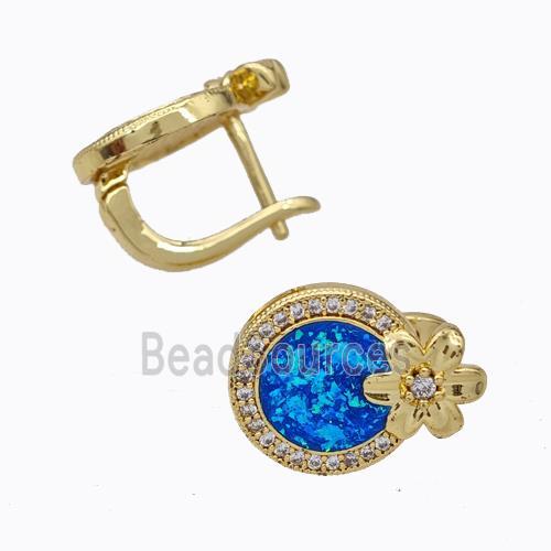 Copper Circle Latchback Earrings Pave Zirconia Blue Fire Opal Flower 18K Gold Plated