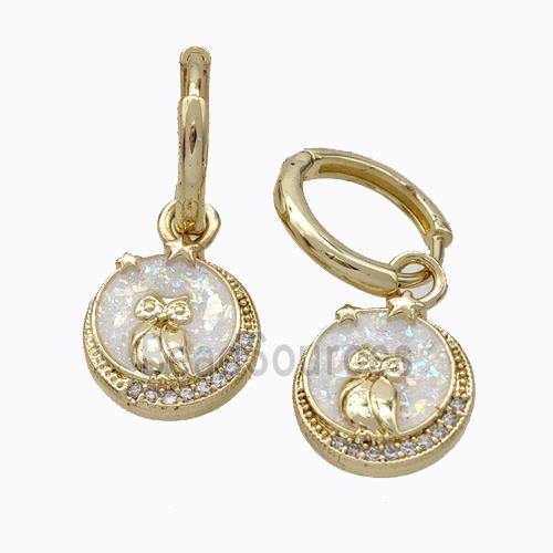 Copper Owl Hoop Earrings Pave Zirconia White Fire Opal 18K Gold Plated