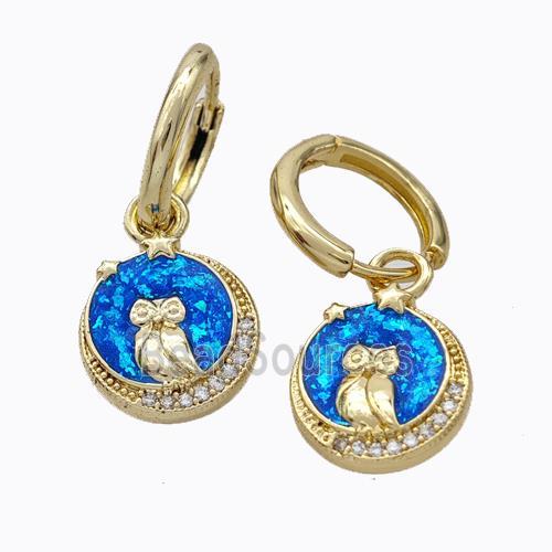 Copper Owl Hoop Earrings Pave Zirconia Blue Fire Opal 18K Gold Plated