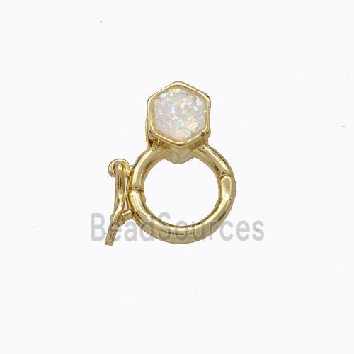 Copper Clasp Pave White Fire Opal Hexagon 18K Gold Plated