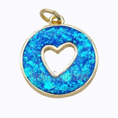 Copper Heart Pendant Pave Blue Fire Opal Circle 18K Gold Plated