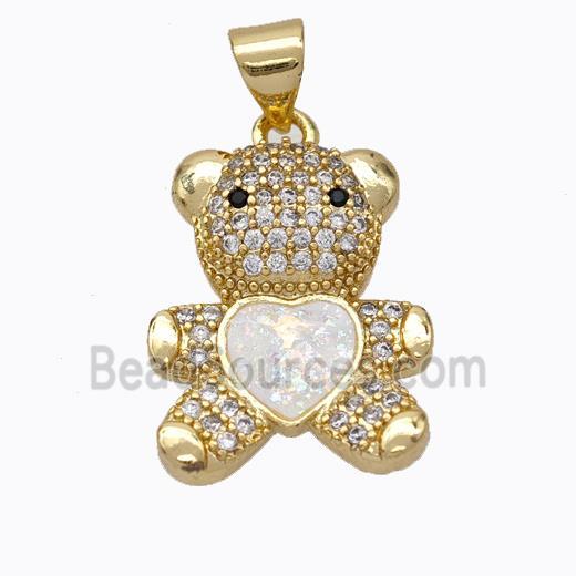 Copper Bear Pendant Micropave Zirconia White Fire Opal Heart 18K Gold Plated