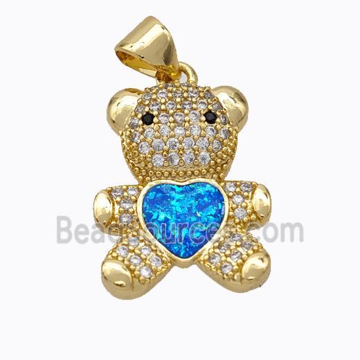 Copper Bear Pendant Micropave Zirconia Blue Fire Opal Heart 18K Gold Plated