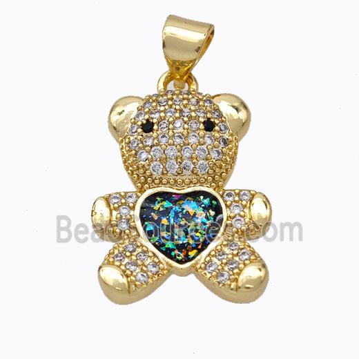 Copper Bear Pendant Micropave Zirconia Multicolor Fire Opal Heart 18K Gold Plated