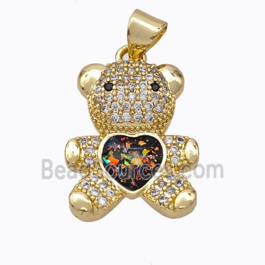 Copper Bear Pendant Micropave Zirconia Multicolor Fire Opal Heart 18K Gold Plated