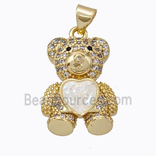 Copper Bear Pendant Micropave Zirconia White Fire Opal Heart 18K Gold Plated