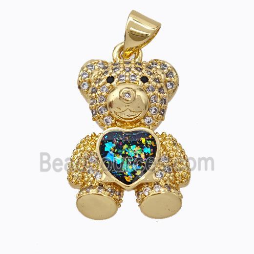 Copper Bear Pendant Micropave Zirconia Fire Opal Heart 18K Gold Plated