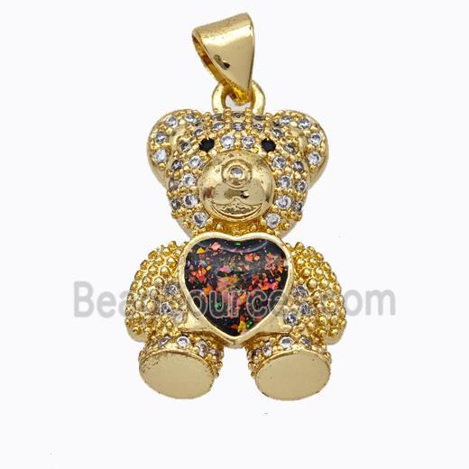 Copper Bear Pendant Micropave Zirconia Fire Opal Heart 18K Gold Plated