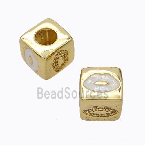 Copper Cube Beads Pave Zirconia Fire Opal Lips Large Hole 18K Gold Plated