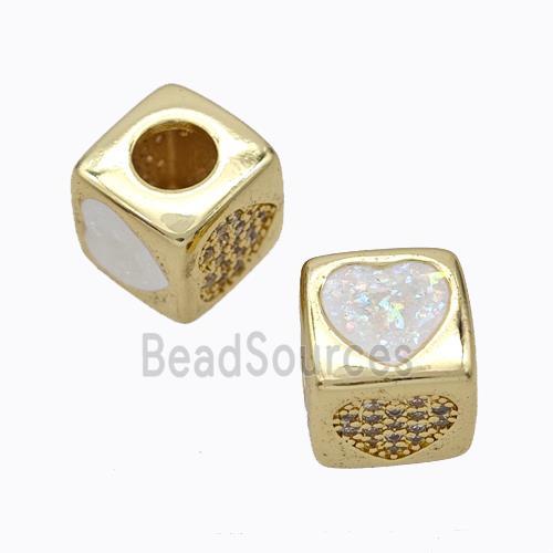 Copper Cube Beads Pave Zirconia Fire Opal Heart Large Hole 18K Gold Plated