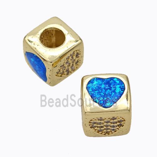 Copper Cube Beads Pave Zirconia Fire Opal Heart Large Hole 18K Gold Plated