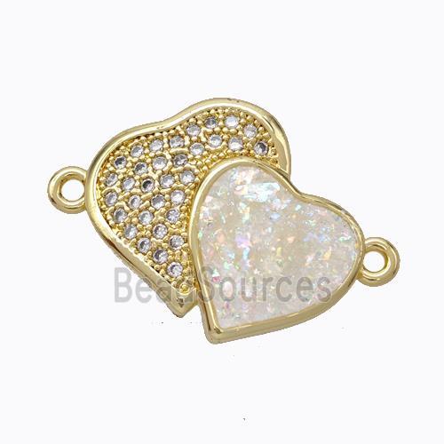 Copper Heart Connector Micropave Zirconia White Fire Opal Double 18K Gold Plated