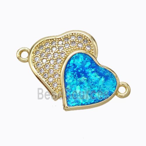 Copper Heart Connector Micropave Zirconia Blue Fire Opal Double 18K Gold Plated