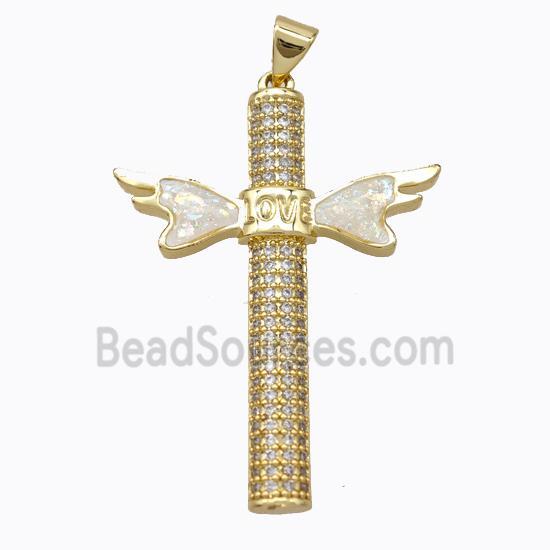 Copper Cross Pendant Micropave Zirconia Fire Opal LOVE Angelwings 18K Gold Plated