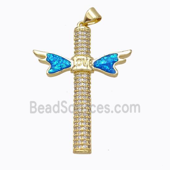 Copper Cross Pendant Micropave Zirconia Fire Opal LOVE Angelwings 18K Gold Plated