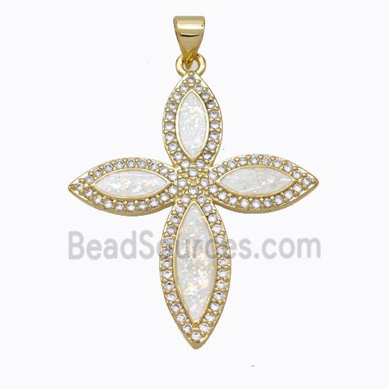 Copper Cross Pendant Micropave Zirconia White Fire Opal 18K Gold Plated