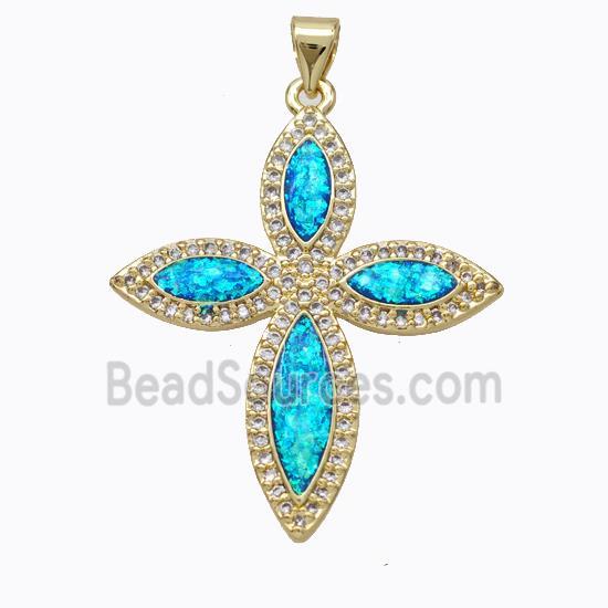 Copper Cross Pendant Micropave Zirconia Blue Fire Opal 18K Gold Plated