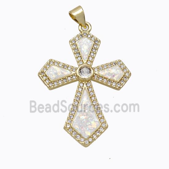 Copper Cross Pendant Micropave Zirconia White Fire Opal 18K Gold Plated