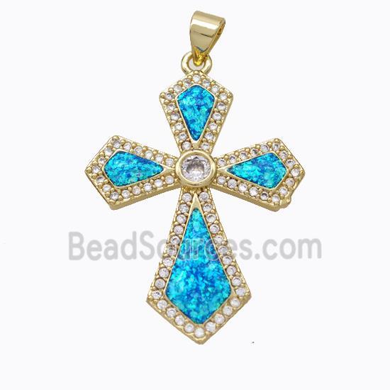 Copper Cross Pendant Micropave Zirconia Blue Fire Opal 18K Gold Plated