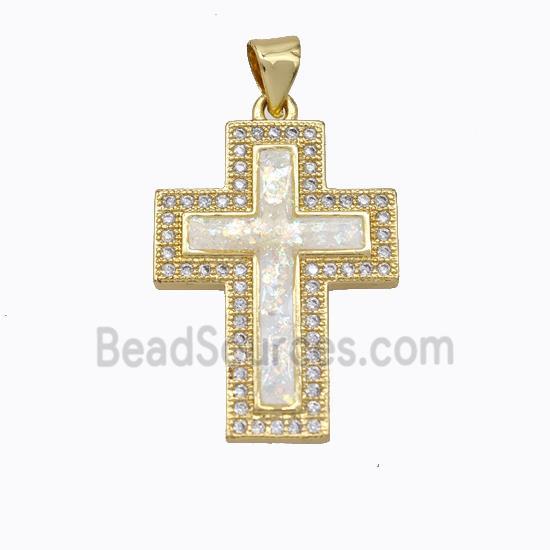 Copper Cross Pendant Micropave Zirconia White Fire Opal 18K Gold Plated