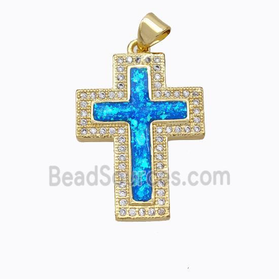 Copper Cross Pendant Micropave Zirconia Blue Fire Opal 18K Gold Plated